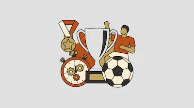 A collection of sports icons including a trophy, a soccer ball, a stopwatch, a medal, and a soccer player.