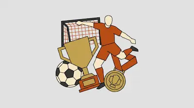 A soccer player in an orange uniform is surrounded by a soccer ball, a gold trophy, a medal, and a goal.