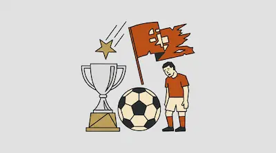 A trophy, a soccer ball, a sad player in an orange uniform, a tattered orange flag, and a falling star.