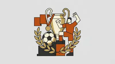 A soccer player in an orange uniform stands next to a large trophy, a soccer ball, and a medal, framed by a laurel wreath.