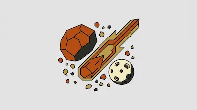 A large orange faceted rock, a long angular orange and yellow object, and a white cratered moon surrounded by small geometric fragments.