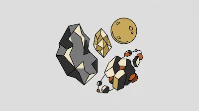 A collection of stylized, geometric space objects including a large dark rock, a golden crystal, a cratered moon, and a cluster of smaller stones.