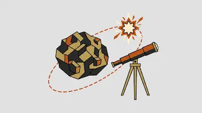 A geometric asteroid and a telescope on a tripod with a dashed orbital path and a starburst.