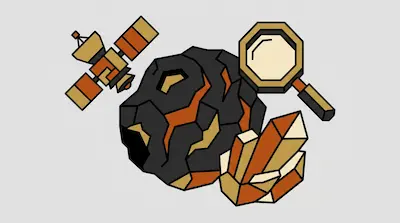 A dark asteroid with orange and tan highlights is surrounded by a satellite, a magnifying glass, and a cluster of crystals.