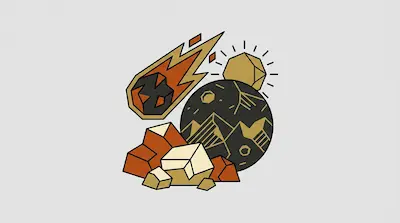 A stylized meteor, a planet with mountains, and a sun above a pile of geometric rocks.