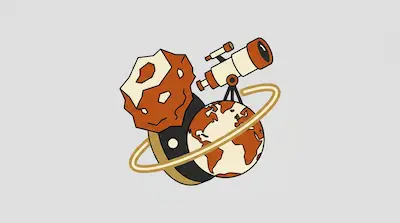 Flat illustration of a telescope, a rocky asteroid, and the Earth with a golden ring on a light gray background