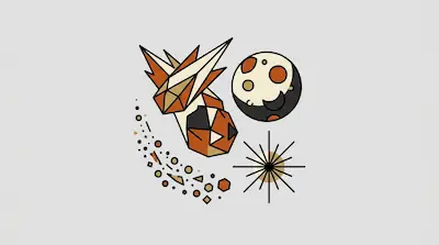 Geometric space-themed graphics featuring a comet, a moon, and a star in orange, black, and cream.