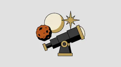 A black and gold telescope surrounded by a pale yellow planet, a brown cratered asteroid, and a gold star.