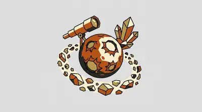 A stylized orange planet with craters, a telescope on top, and a ring of floating rocks.