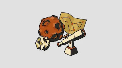 A large orange cratered sphere, a small rocky asteroid, a star map, and a telescope.