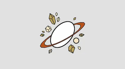 A white planet with an orange ring is surrounded by floating tan crystals and a small moon on a gray background.