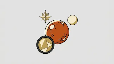 A stylized red planet with craters is surrounded by a small moon, a gold eight-pointed star, and a circular geometric emblem.