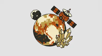 A stylized planet with a heart-shaped marking, a small moon, a satellite, and a cluster of crystals.