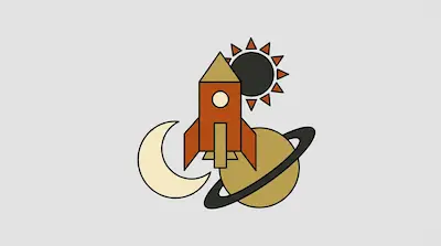 A geometric rocket ship surrounded by a crescent moon, a sun, and a ringed planet.