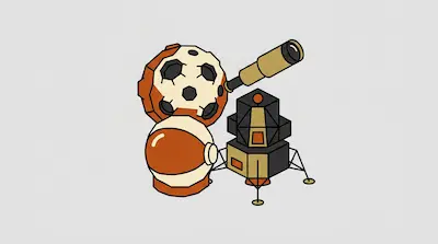 A stylized moon, telescope, astronaut helmet, and lunar lander grouped together.