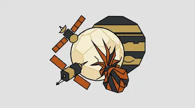 A geometric composition of a striped planet, a cracked moon, two satellites, and a jagged orange object.