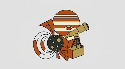 A stylized graphic of a striped planet, a cratered moon, and a telescope on a tripod.