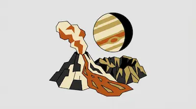 A stylized erupting volcano with lava and smoke next to a crater, with a striped planet in the background.