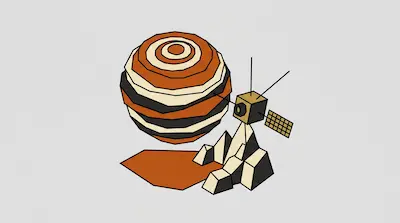 A banded planet floats above a rocky landscape and a small satellite in a minimalist, low-poly style.