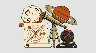A telescope on a tripod surrounded by a ringed planet, a cratered moon, a star chart, and a rocky asteroid.