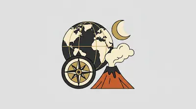 Planet Earth shown as a globe with continents, compass rose, crescent moon, and active volcano illustration
