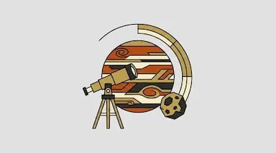A telescope on a tripod stands in front of a large, banded planet and a small asteroid.