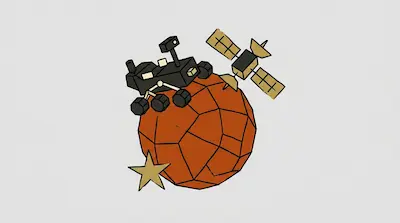 A stylized Mars rover on a faceted red planet with a satellite and a gold star.