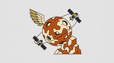 A stylized orange and tan planet with a single wing and two satellites orbiting it, resting on a rocky base.
