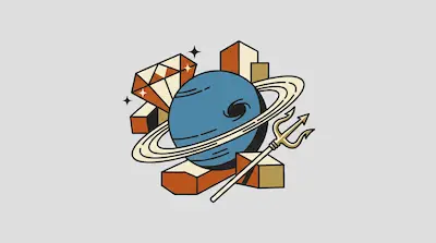 Neptune depicted as a blue planet with pale rings, surrounded by geometric forms and a symbolic trident staff