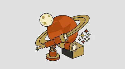 A stylized orange ringed planet accompanied by a moon, a telescope on a stand, and a cluster of stars.