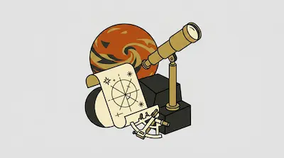 A brass telescope, a sextant, and a star map are positioned in front of a large orange planet.