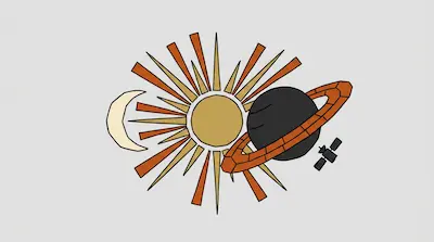 Flat illustration of a sun with sharp rays, a crescent moon, and a ringed planet with a satellite on a gray background