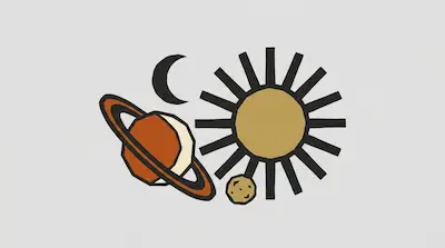 Flat illustration of a stylized sun, a ringed planet, and a crescent moon in a minimalist celestial composition