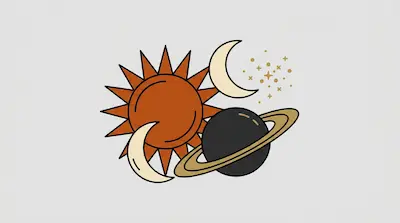Flat illustration of a terracotta sun, two crescent moons, and a ringed planet with stars on a light gray background
