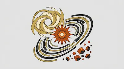 Flat illustration of a stylized orange sun, a swirling golden galaxy, and geometric space debris on a gray background