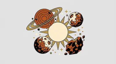Flat illustration of a central sun surrounded by a ringed planet, craters, and asteroids on a light gray background