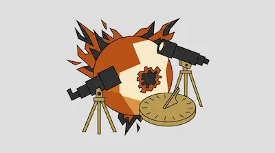 A large orange sphere with a jagged hole is surrounded by flame-like shapes, two telescopes on tripods, and a sundial.