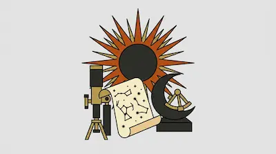 A stylized sun and crescent moon surrounded by a telescope, a star chart, and a sextant.