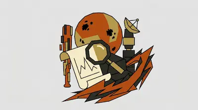 A collection of stylized icons including a planet, a baseball bat, a satellite dish, a magnifying glass, and a document with a line graph.