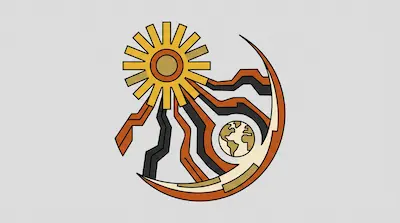 A stylized graphic of a sun with many rays connected by jagged lines to a crescent moon and a small globe.