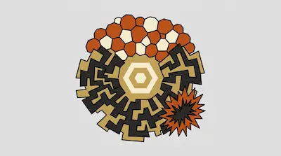 A circular abstract design featuring a central gold hexagon surrounded by black and gold maze-like patterns, a cluster of orange and cream hexagons, and a jagged orange starburst.