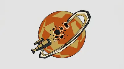 A stylized orange planet with a ring, black surface markings, and a small telescope-like structure.