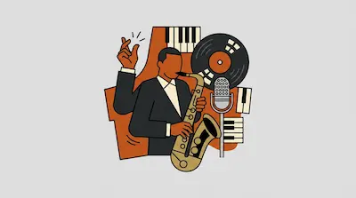 Flat illustration of a jazz musician playing saxophone with a vinyl record, piano keys, and a vintage microphone