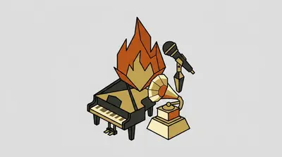 A grand piano with a flame rising from it, a Grammy trophy, and a microphone.