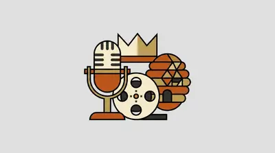 A microphone, a crown, a film reel, and a beehive grouped together.