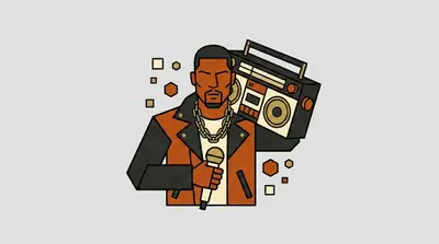 A man in a leather jacket holding a microphone, wearing a gold chain, with a boombox on his shoulder.