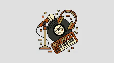 A microphone on a stand, a vinyl record, a synthesizer keyboard, and a pair of headphones.
