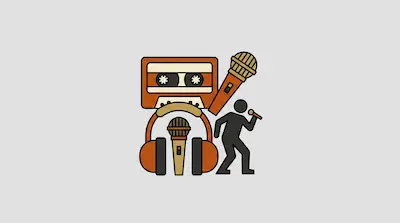 Flat illustration of a cassette tape, headphones, microphones, and a singing figure icon on a light gray background