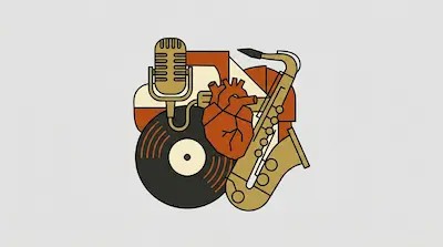 Flat illustration of a saxophone, a vinyl record, a microphone, and a human heart in warm tones on a gray background