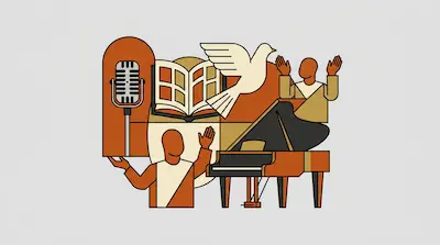 Flat illustration of a white dove, a grand piano, and two figures with raised hands in a warm orange and tan color palette